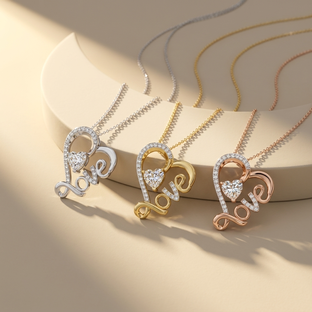 Love script heart solitaire diamond pendant necklaces in white yellow and rose gold
Tricolor love script pendant necklace collection with heart shaped diamonds
Luxury love word diamond pendants in three elegant gold finishes
Fine jewelry tricolor love script heart pendant showcase
Premium white yellow and rose gold love diamond necklace collection
Contemporary love script pendants featuring heart cut solitaire diamonds
Designer tricolor love pendant necklace trio
Elegant love script necklaces with sparkling