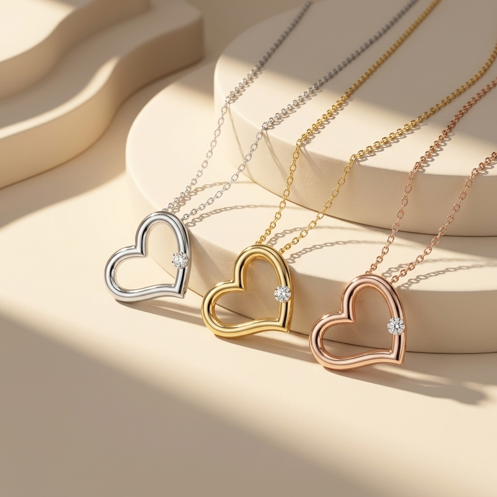 Minimalist open heart solitaire pendant necklaces in white yellow and rose gold
Tricolor open heart diamond pendant necklace collection
Luxury minimalist heart necklaces in three gold finishes
Elegant open heart pendants with round solitaire diamonds
Fine jewelry tricolor minimalist heart pendant showcase
Premium white yellow and rose gold open heart necklaces
Contemporary minimalist heart pendant collection with brilliant diamonds
Designer open heart solitaire pendant necklace trio
Sparkling minimalist hea