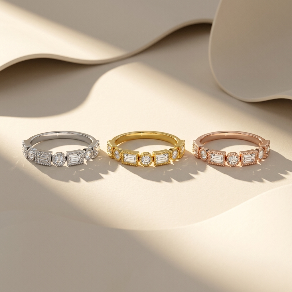 White yellow and rose gold bands with alternating emerald and round diamonds
Three mixed cut diamond bands featuring detailed beaded frame settings
Tricolor gold bands with geometric rectangular and circular diamond motifs
Elegant diamond bands showcasing alternating stone shapes in structured panels
Brilliant emerald cut and round diamonds arranged across three gold finishes
Fine jewelry band trio with ornate milgrain inspired diamond borders
Refined mixed gold bands featuring individually framed brilliant