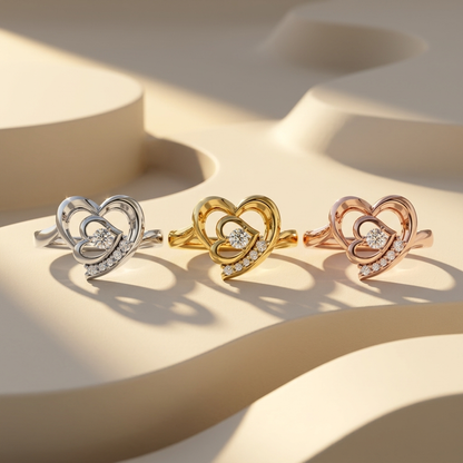 Nested heart diamond accent statement rings in white yellow and rose gold
Tricolor layered heart diamond fashion ring collection
Luxury nested heart diamond rings in three gold finishes
Elegant open heart statement rings with round center diamonds
Fine jewelry tricolor heart diamond ring showcase
Premium white yellow and rose gold nested heart ring collection
Contemporary layered heart rings with sparkling diamond accents
Designer tricolor nested heart statement ring trio
Stylish heart inspired diamond fash