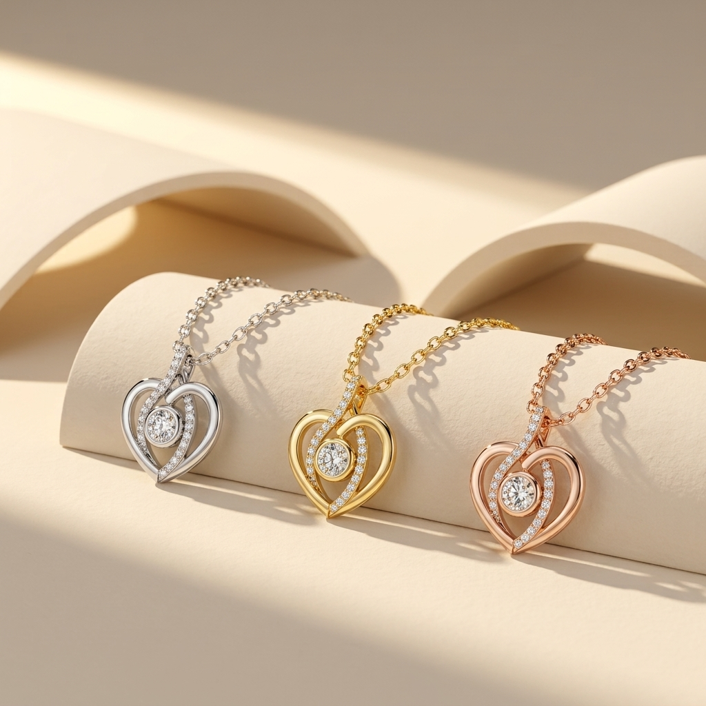 Open heart bezel diamond pendant necklaces in white yellow and rose gold
Tricolor open heart diamond pendant necklace collection
Luxury open heart bezel diamond pendants in three gold finishes
Elegant heart shaped pendant necklaces with bezel set round diamonds
Fine jewelry tricolor open heart pendant showcase
Premium white yellow and rose gold heart diamond necklace collection
Contemporary open heart pendants with pavé diamond accents
Designer tricolor open heart bezel diamond necklace trio
Stylish open he