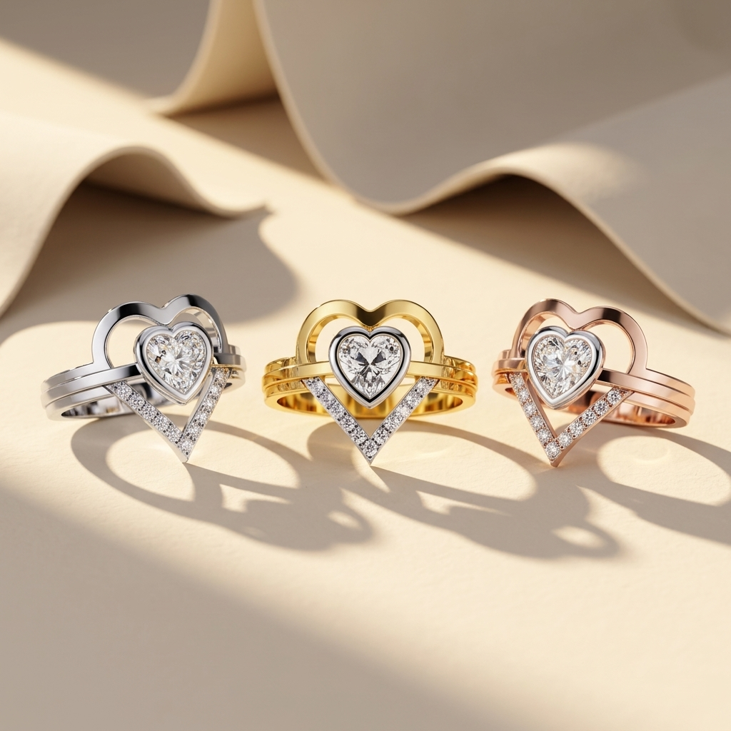 Open heart pear solitaire diamond rings in white yellow and rose gold
Tricolor open heart pear diamond ring collection
Luxury open heart statement rings in white yellow and rose gold
Fine jewelry tricolor heart inspired diamond ring showcase
Premium white yellow and rose gold open heart pear solitaire ring collection
Contemporary open heart rings featuring pear shaped solitaire diamonds
Designer tricolor open heart diamond ring trio
Elegant heart inspired rings with pavé V accents and triple band design
Sty