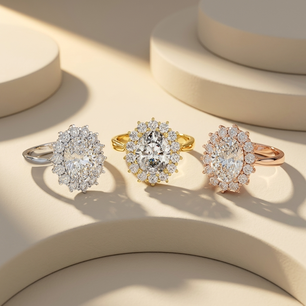 Three oval halo diamond rings in white yellow and rose gold
Tricolor oval diamond ring collection with sunburst halo settings
Luxury oval engagement rings surrounded by brilliant round stones
White yellow and rose gold rings with sparkling oval center diamonds
Elegant three tone diamond rings with floral inspired halos
Glamorous oval halo ring trio displayed in warm studio light
Designer engagement rings featuring radiant oval diamond centers
Fine jewelry trio with intricate sunburst diamond halo designs
Sp