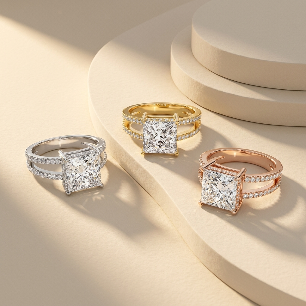 Three princess cut diamond split shank rings in white yellow and rose gold
Tricolor square diamond engagement ring collection on cream display
White gold yellow gold and rose gold princess cut diamond rings
Luxury split band engagement rings with large square center stones
Three elegant pave diamond rings featuring princess cut center diamonds
Designer diamond engagement ring trio under warm studio lighting
Modern square cut diamond rings with sparkling double pave bands
Fine jewelry collection of tricolor 