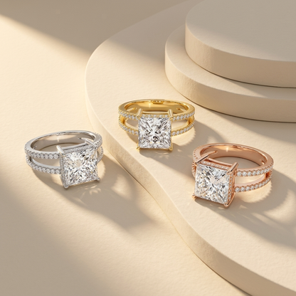 Three princess cut diamond split shank rings in white yellow and rose gold
Tricolor square diamond engagement ring collection on cream display
White gold yellow gold and rose gold princess cut diamond rings
Luxury split band engagement rings with large square center stones
Three elegant pave diamond rings featuring princess cut center diamonds
Designer diamond engagement ring trio under warm studio lighting
Modern square cut diamond rings with sparkling double pave bands
Fine jewelry collection of tricolor 