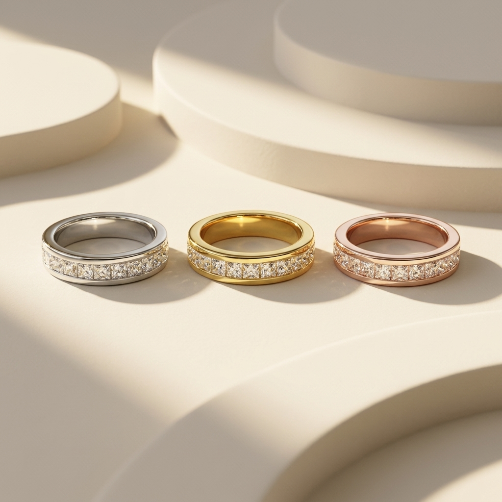 White yellow and rose gold bands with channel set princess diamonds
Three polished bands featuring continuous square diamond rows
Tricolor gold bands showcasing aligned princess cut diamond accents
Elegant diamond bands with geometric stones secured in sleek channels
Brilliant square diamonds arranged across three refined gold finishes
Fine jewelry band trio featuring structured channel setting details
Radiant mixed gold bands with symmetrical princess diamond sequences
Contemporary three tone bands showcas