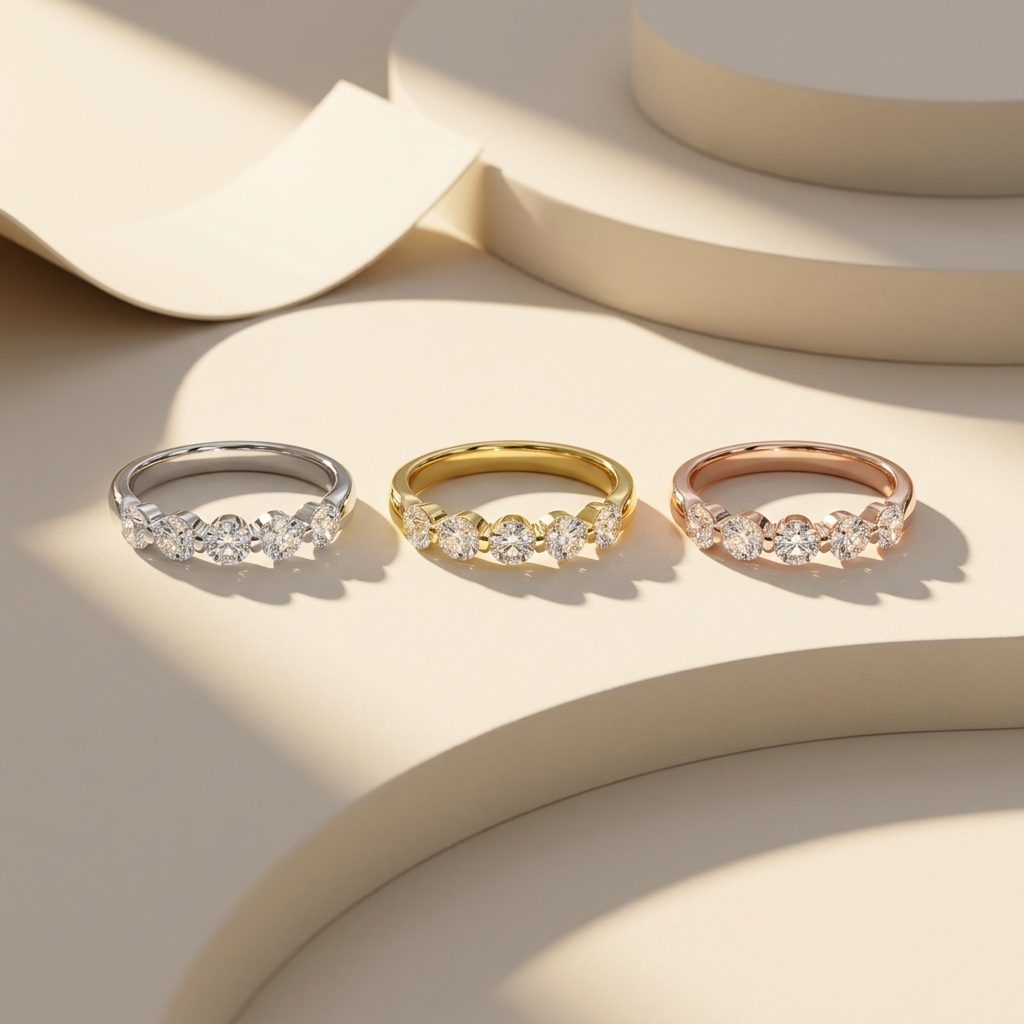 White yellow and rose gold bands with seven round diamond accents
Three polished bands featuring graduated brilliant diamond rows
Tricolor gold bands showcasing symmetrical open gallery settings
Elegant diamond bands with prominent center stones and tapered sides
Brilliant round diamonds arranged across three refined gold finishes
Fine jewelry band trio featuring balanced seven stone designs
Radiant mixed gold bands with graceful graduated diamond sequences
Contemporary three tone bands displaying luminous 