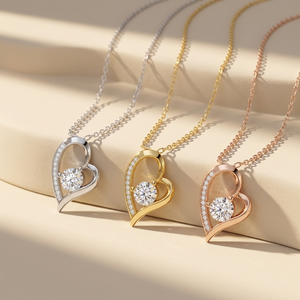 Tricolor solitaire heart diamond pendant necklaces in white yellow and rose gold
White yellow and rose gold heart pendants with round solitaire diamonds
Luxury tricolor heart diamond necklace collection on display
Elegant solitaire heart pendant necklaces in three gold finishes
Fine jewelry heart diamond pendant trio with matching chains
Premium tricolor gold heart necklaces featuring brilliant diamonds
Contemporary solitaire heart pendant necklace collection close up
Designer heart diamond pendants in whit