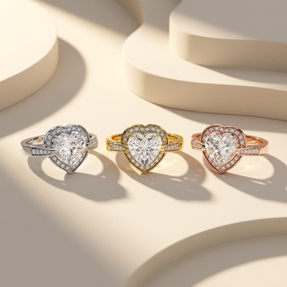 White yellow and rose gold heart diamond rings with split halo frames
Three brilliant heart cut diamond rings in contrasting gold finishes
Tricolor heart rings featuring curved pavé borders and sparkling bands
Radiant heart center stones displayed in sculpted diamond settings
Mixed gold engagement rings with bold heart shaped diamond focal points
Luxurious heart diamond trio accented by symmetrical pavé sections
Polished gold rings showcasing luminous heart gems and framed halos
Sophisticated three tone dia