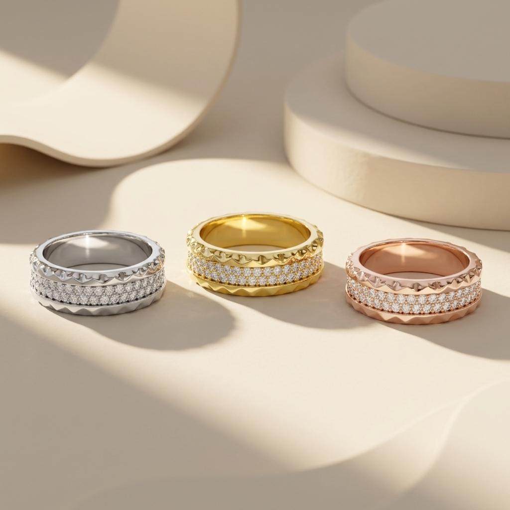 Three pave diamond band rings in white yellow and rose gold
Tricolor wide diamond rings with textured geometric gold edges
White yellow and rose gold pave band ring collection
Luxury diamond band trio displayed under warm studio lighting
Three wide gold rings featuring double row pave diamond centers
Contemporary textured diamond rings in three elegant gold tones
Fine jewelry collection of sculpted pave diamond band rings
Mixed metal wide rings with sparkling diamond center panels
Designer tricolor diamond 