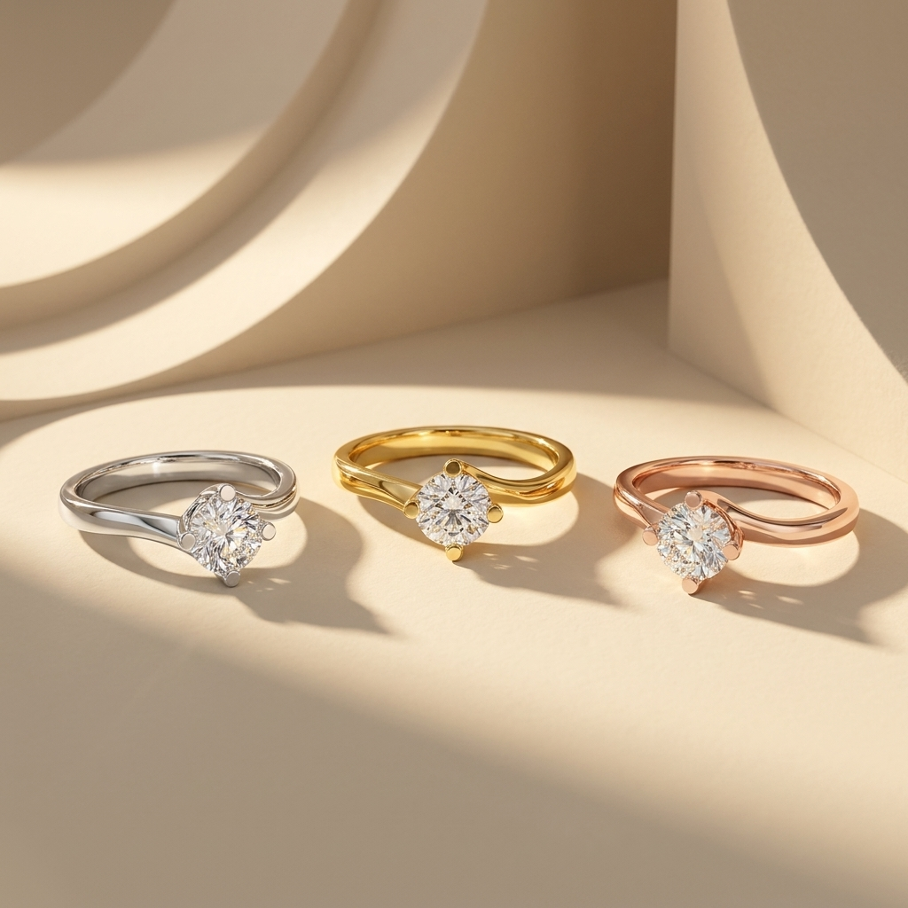 Three twist solitaire diamond rings in white yellow and rose gold
Tricolor round diamond ring collection with curved bands
Elegant solitaire rings featuring brilliant round center stones
White yellow and rose gold engagement rings with twist designs
Luxury three tone diamond ring trio in warm studio lighting
Modern round solitaire rings with flowing sculptural bands
Designer diamond rings displayed in three polished gold tones
Fine jewelry trio featuring sparkling round solitaire diamonds
Minimal twist enga