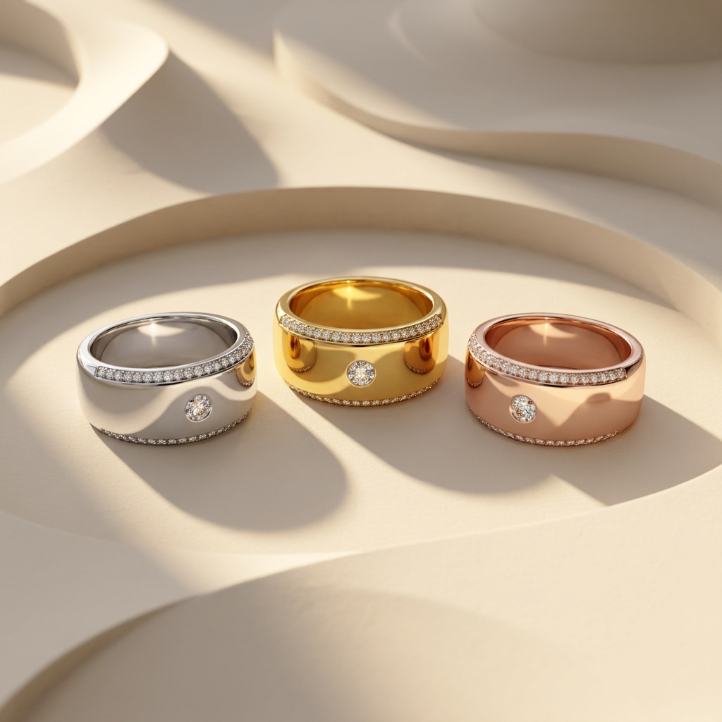 Wide bezel solitaire diamond band rings in white yellow and rose gold
Tricolor wide diamond band ring collection with bezel set center stones
Luxury wide gold diamond bands in three elegant finishes
Fine jewelry tricolor wide solitaire band ring showcase
Premium white yellow and rose gold bezel diamond band collection
Contemporary wide band rings with pavé edge detailing
Designer tricolor wide bezel solitaire diamond rings
Elegant wide gold band collection with brilliant round diamonds
Stylish tricolor diam