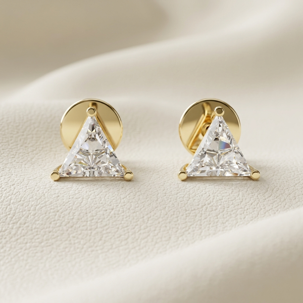 Trillion Cut Lab Grown Diamond Solitaire Stud Earrings in yellow gold