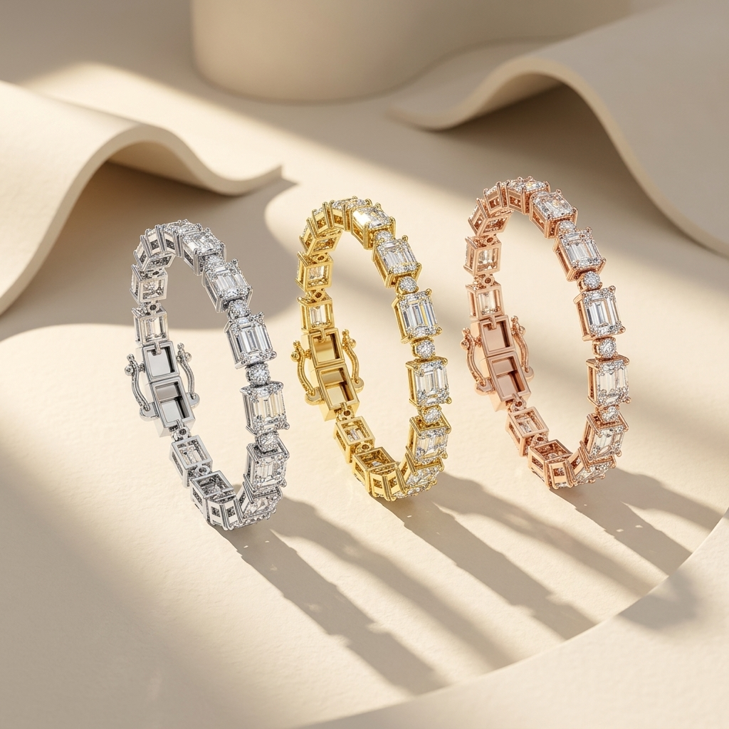 Trinity gold emerald diamond bracelets arranged in upright display
White gold rectangular diamond bracelet with intricate open gallery
Yellow gold step cut diamond bracelet featuring brilliant accents
Rose gold emerald diamond bracelet with architectural link settings
Three sculptural diamond bracelets showcased under warm studio light
Mixed metal bracelet trio with alternating rectangular diamond stations
Luxury emerald stone bracelets casting dramatic shadows on cream surface
Fine jewelry trio featuring d