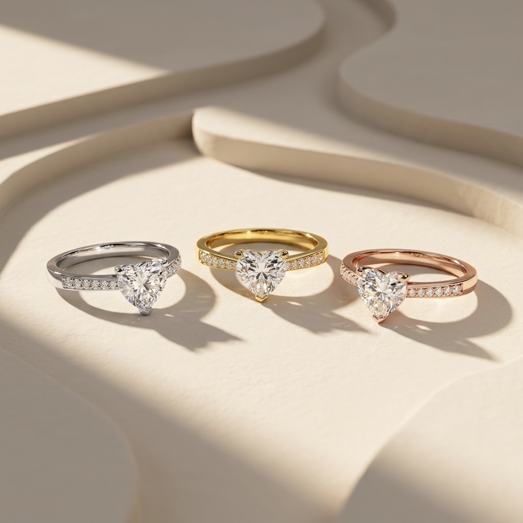 White yellow and rose gold heart solitaire diamond rings
Three heart cut diamond rings with sparkling pavé bands
Elegant tricolor gold rings featuring brilliant heart center stones
Luxury heart solitaire ring trio displayed under warm sunlight
Fine jewelry diamond rings crafted in three polished gold tones
Radiant heart shaped diamonds set on delicate pavé accented bands
Contemporary mixed gold heart diamond ring collection
Brilliant three prong heart solitaire rings with diamond band accents
Graceful heart