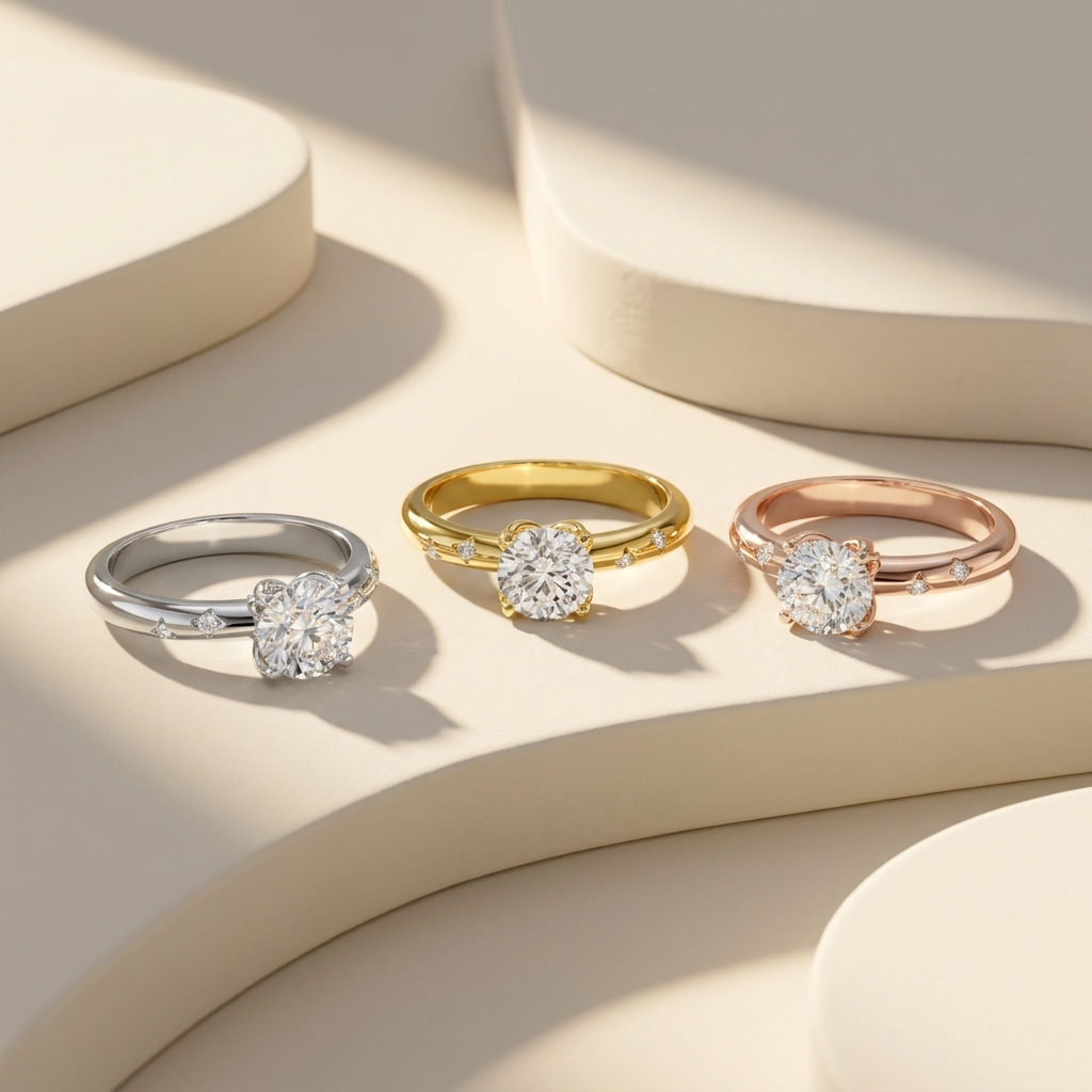 Three diamond engagement rings in white yellow and rose gold
Elegant trio of solitaire diamond rings on display surface
Luxury engagement rings collection with different gold tones
Round cut diamond rings in white yellow and rose gold bands
Premium diamond ring set with modern minimal styling
Fine jewelry trio rings with sparkling center diamonds
Contemporary engagement rings in multiple gold finishes
Stylish diamond rings arrangement with soft shadow lighting
Classic solitaire rings in three gold variation