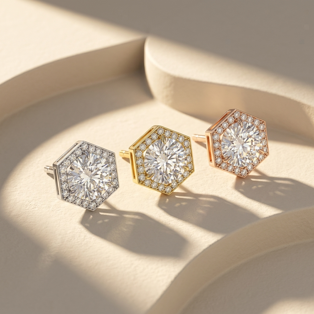 White Yellow And Rose Gold Diamond Stud Earrings With Round Brilliant Halo Design
Three Diamond Stud Earrings Featuring Round Brilliant Centers In Hexagon Halo Settings
Luxury Diamond Stud Collection In White Yellow And Rose Gold Finishes
Elegant Halo Diamond Stud Earrings With Round Center Stones And Pavé Borders
Premium Diamond Stud Earrings In Three Gold Tones With Geometric Halo Design
Fine Round Brilliant Diamond Stud Earrings With Hexagon Halo And Pavé Accents
Designer Diamond Stud Collection Featurin