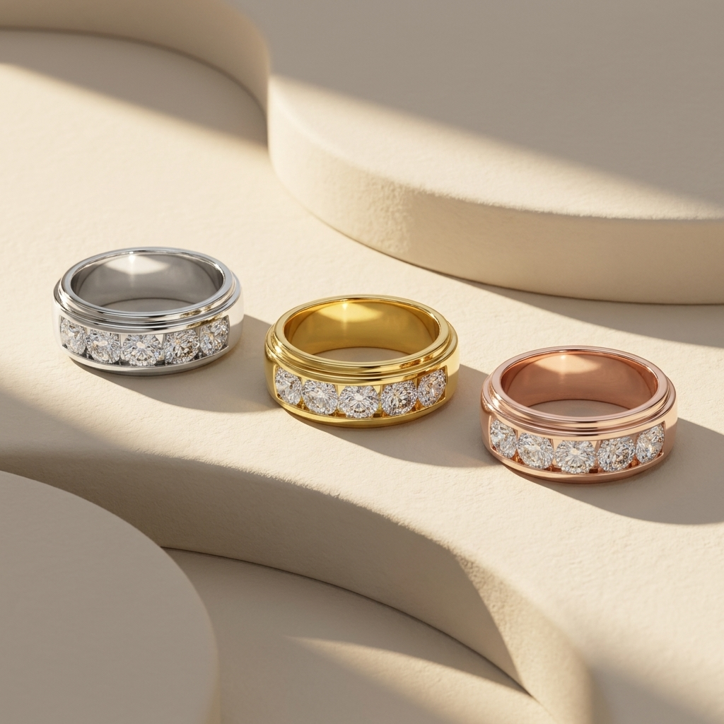 Diamond band rings in white yellow and rose gold finish
Elegant trio of wide diamond rings in multiple gold tones
Luxury band rings collection with sparkling diamonds
Modern diamond rings in three different metal colors
Premium wide band rings with round diamond settings
Fine jewelry rings set in white yellow and rose gold
Stylish diamond band rings arrangement with soft lighting
Contemporary wide rings with brilliant diamond row
High end diamond rings trio product display
Classic band rings with diamonds i