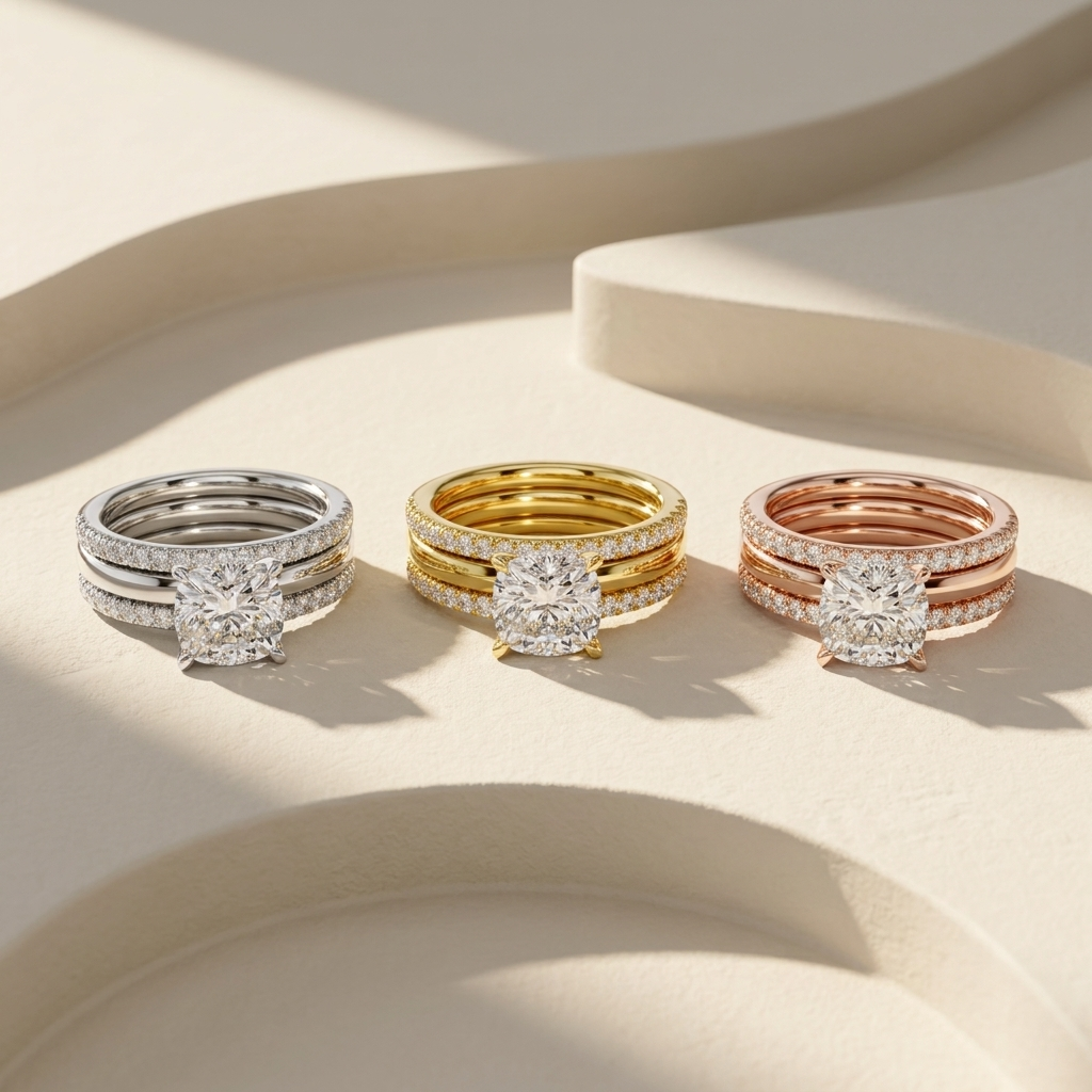 Bridal ring sets in white yellow and rose gold with diamonds
Elegant trio engagement rings with round diamond centers
Luxury stacked ring sets in three gold color variations
Fine jewelry bridal rings with pavé bands and solitaire diamonds
Premium engagement ring sets with layered band design
Stylish trio rings with round diamonds and matching bands
Sophisticated bridal sets in mixed gold tones close up
Modern engagement rings collection with triple band styling
High end diamond ring sets with coordinated ba