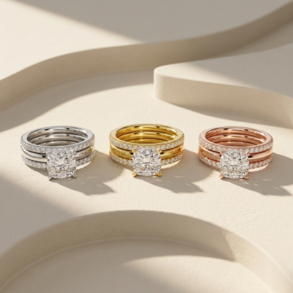 Bridal ring sets in white yellow and rose gold with diamonds
Elegant trio engagement rings with round diamond centers
Luxury stacked ring sets in three gold color variations
Fine jewelry bridal rings with pavé bands and solitaire diamonds
Premium engagement ring sets with layered band design
Stylish trio rings with round diamonds and matching bands
Sophisticated bridal sets in mixed gold tones close up
Modern engagement rings collection with triple band styling
High end diamond ring sets with coordinated ba