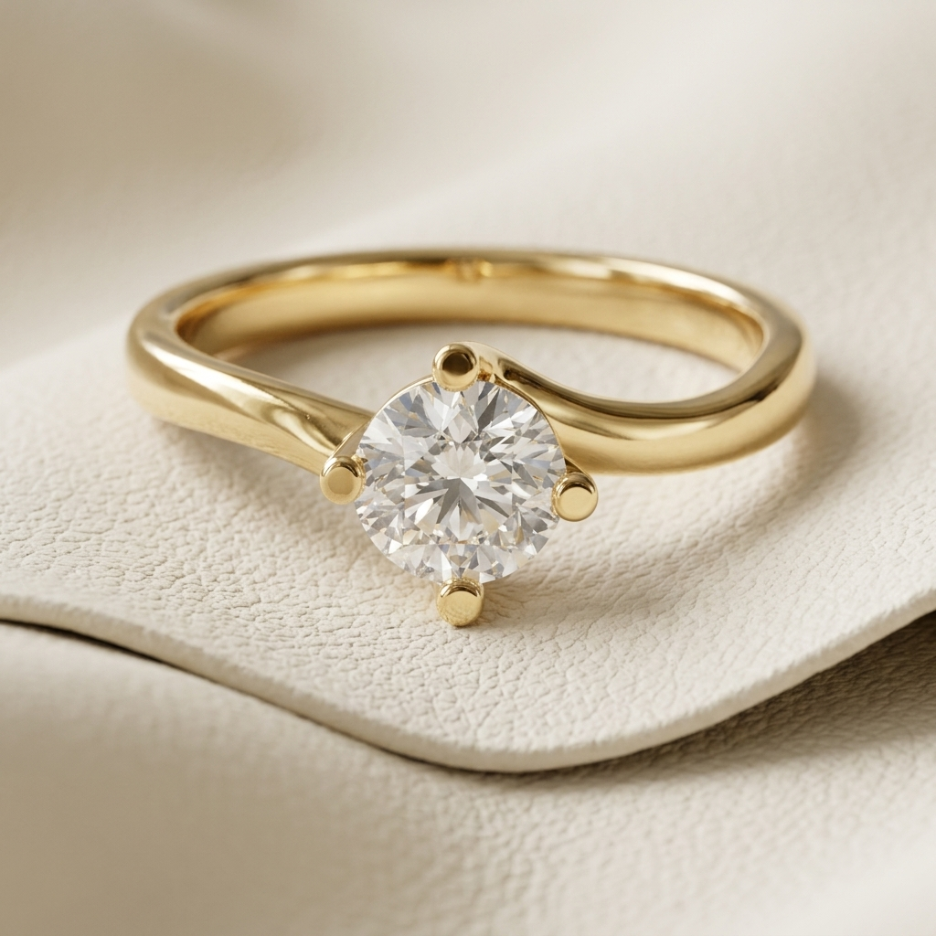 Yellow gold twist ring with brilliant round solitaire diamond
Minimal gold engagement ring featuring a round center stone
Elegant round diamond ring with flowing curved gold band
Modern solitaire ring with sculptural yellow gold setting
Luxury gold ring featuring a brilliant round cut diamond
Delicate twist band ring with sparkling solitaire centerpiece
Contemporary yellow gold engagement ring with round diamond
Fine jewelry ring with graceful wave inspired gold band
Timeless solitaire diamond ring displaye