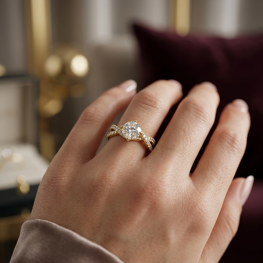 Twisted diamond ring on hand
Elegant twist diamond ring design
Luxury gold twisted band ring
Woman wearing twisted diamond ring
Premium twist diamond ring style
Sparkling twisted band diamond ring
Fine jewelry twist ring with diamond
Stylish twisted diamond ring look
Modern twist diamond ring design
Beautiful twisted band diamond ring