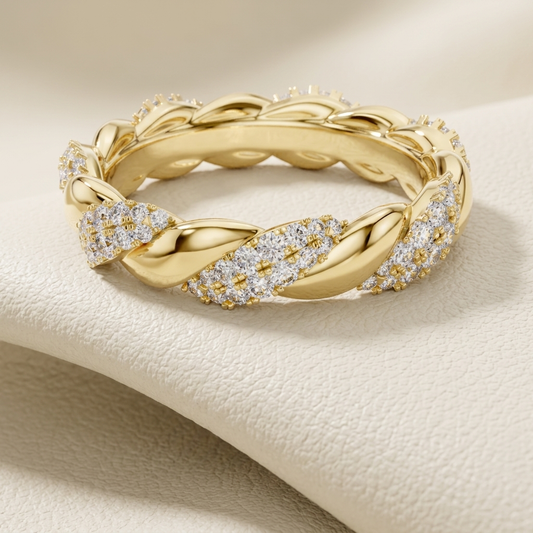 Twisted gold eternity ring with pavé diamond detailing
Elegant braided gold band with sparkling diamond accents
Luxury twisted ring with intricate diamond pave design
Fine jewelry gold band with interwoven diamond pattern
Premium braided ring with shimmering diamond sections
Modern twist design gold ring with pavé diamonds
High end gold eternity band with detailed diamond work
Sophisticated braided ring with clustered diamond accents
Stylish twisted gold band with continuous diamond sparkle
Statement eterni