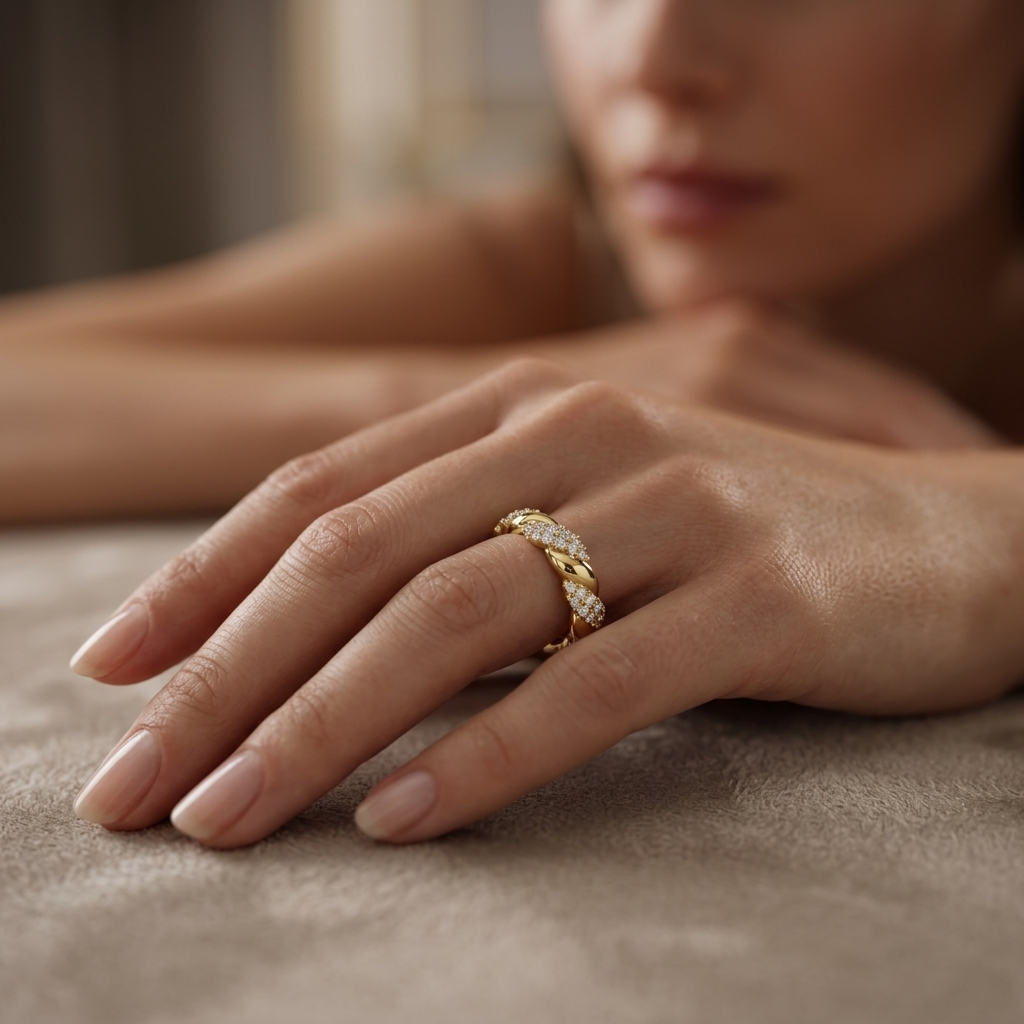 Close up of twisted gold ring with diamond accents
Elegant braided gold band with sparkling diamonds on hand
Luxury twist design ring with pavé diamond detailing
Fine jewelry gold ring with interwoven diamond pattern
Premium twisted band with shimmering diamond sections
Stylish gold ring with curved design and diamond sparkle
Sophisticated hand wearing twisted diamond ring close view
Modern braided gold ring with delicate diamond accents
Contemporary twist ring with fine diamond craftsmanship
Dainty gold ri