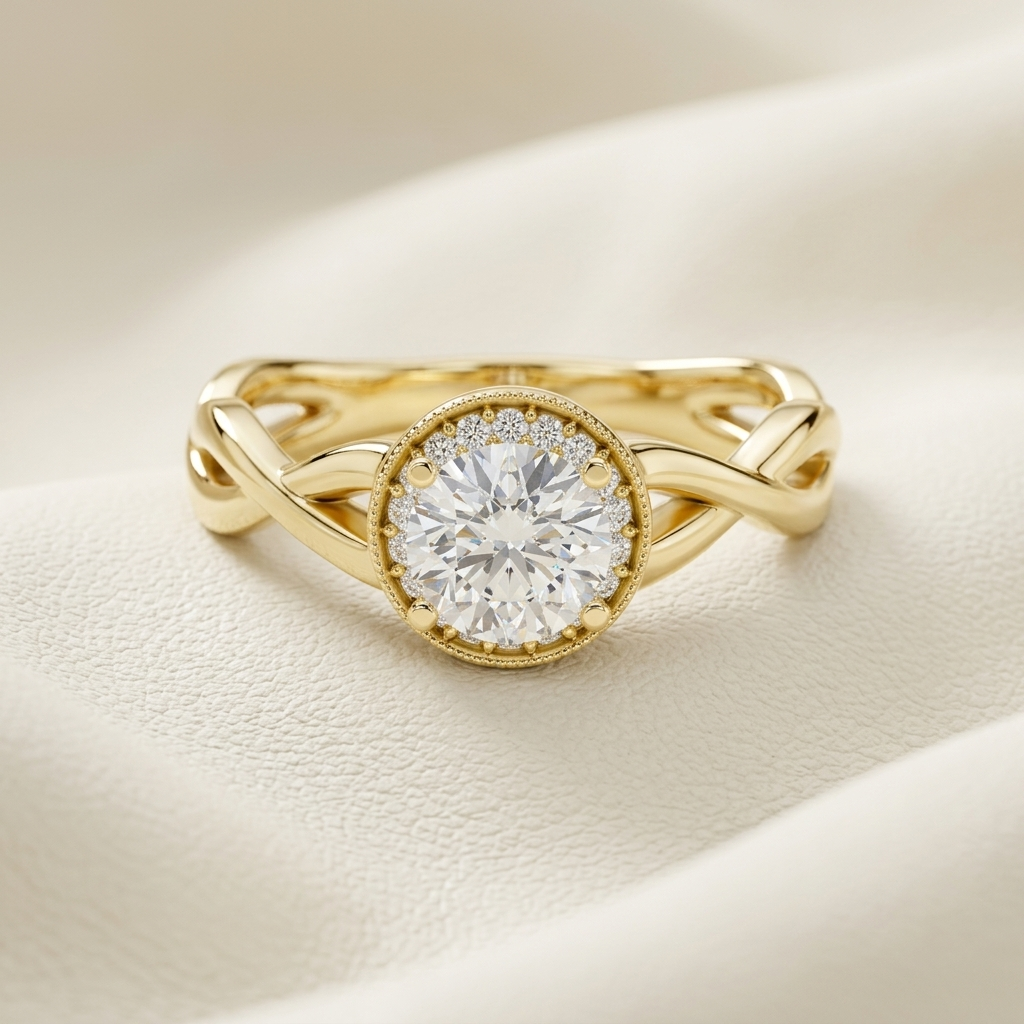Yellow gold twisted halo diamond ring featuring a brilliant round center diamond.
Elegant twisted band halo diamond ring crafted in polished yellow gold.
Luxury yellow gold diamond ring with a round halo and intertwined band design.
Fine jewelry twisted halo ring showcasing a brilliant round-cut center diamond.
Contemporary yellow gold halo diamond ring with an elegant crossover band.
Premium twisted yellow gold ring featuring a sparkling pavé halo and solitaire diamond.
Designer twisted halo diamond ring c