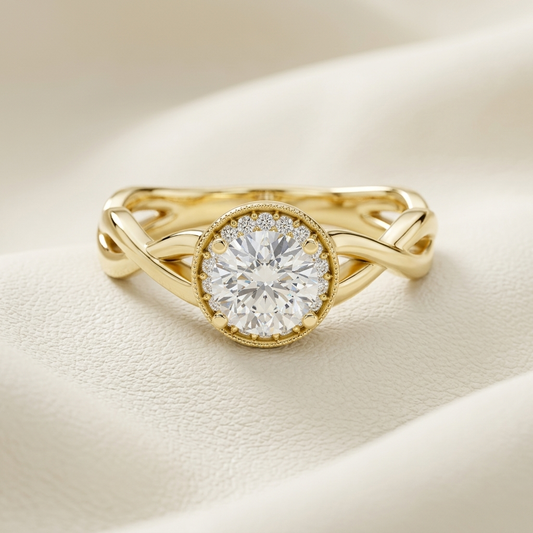 Yellow gold twisted halo diamond ring featuring a brilliant round center diamond.
Elegant twisted band halo diamond ring crafted in polished yellow gold.
Luxury yellow gold diamond ring with a round halo and intertwined band design.
Fine jewelry twisted halo ring showcasing a brilliant round-cut center diamond.
Contemporary yellow gold halo diamond ring with an elegant crossover band.
Premium twisted yellow gold ring featuring a sparkling pavé halo and solitaire diamond.
Designer twisted halo diamond ring c