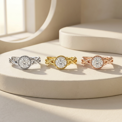 Twisted halo diamond rings available in white, yellow, and rose gold finishes.
Luxury twisted halo diamond rings crafted in white, yellow, and rose gold.
Elegant twisted band halo rings featuring brilliant round center diamonds in three gold tones.
Fine jewelry twisted halo diamond rings with sparkling pavé halos in white, yellow, and rose gold.
Contemporary crossover halo diamond rings displayed in white, yellow, and rose gold finishes.
Premium twisted band halo diamond rings designed in three luxurious go