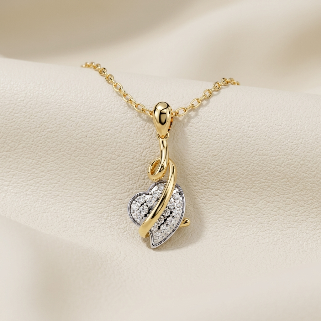 ellow gold twisted heart diamond accent pendant necklace
Elegant twisted ribbon heart pendant with sparkling diamonds
Luxury yellow gold heart pendant featuring pavé diamond details
Fine jewelry twisted heart necklace on delicate gold chain
Contemporary ribbon style heart pendant with diamond accents
Premium yellow gold heart pendant with intertwined design
Designer twisted heart diamond pendant close up
Romantic yellow gold heart necklace with shimmering diamond details
Stylish twisted ribbon heart pendant