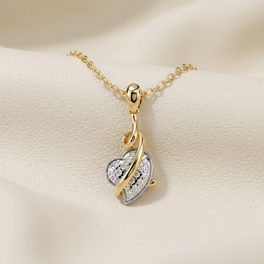 ellow gold twisted heart diamond accent pendant necklace
Elegant twisted ribbon heart pendant with sparkling diamonds
Luxury yellow gold heart pendant featuring pavé diamond details
Fine jewelry twisted heart necklace on delicate gold chain
Contemporary ribbon style heart pendant with diamond accents
Premium yellow gold heart pendant with intertwined design
Designer twisted heart diamond pendant close up
Romantic yellow gold heart necklace with shimmering diamond details
Stylish twisted ribbon heart pendant