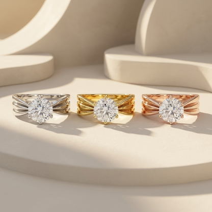 Twisted solitaire diamond rings available in white, yellow, and rose gold finishes.
Luxury twisted band diamond rings crafted in white, yellow, and rose gold.
Elegant round solitaire diamond rings showcased in three premium gold tones.
Fine jewelry twisted solitaire rings featuring brilliant round center diamonds in three gold finishes.
Contemporary twisted diamond rings displayed in white, yellow, and rose gold.
Premium twisted band solitaire diamond rings designed in three luxurious gold colors.
Designer 