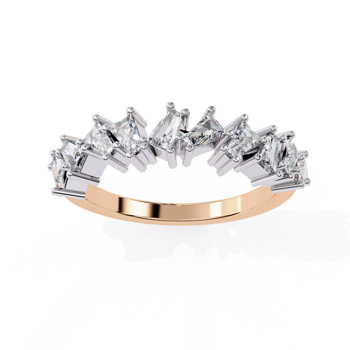 Angle view of V shape diamond band in white gold with prong set stones