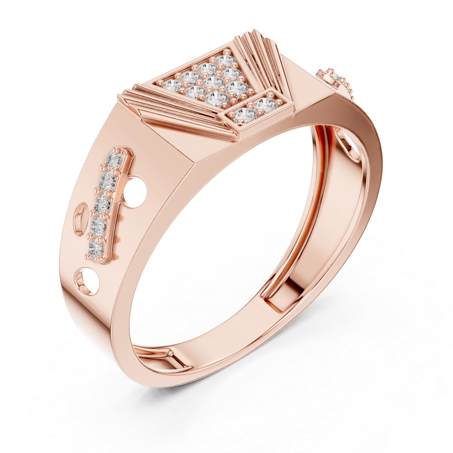 Vintage diamond rose gold band ring
Rose gold ring with geometric diamond details
Diamond rose gold band featuring angular design
Wide rose gold ring with diamond cluster top
Contemporary rose gold band with diamond accents
Structured rose gold ring with decorative details
Polished rose gold band showcasing diamonds
Architectural rose gold ring with geometric pattern
Rose gold statement band with diamond centerpiece
Modern rose gold ring with diamond accent bar