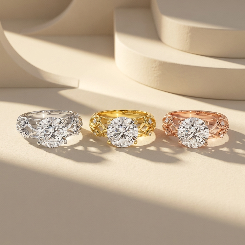 Vintage openwork solitaire rings in three gold tones.
Openwork diamond rings in white, yellow, and rose gold.
Vintage solitaire ring collection.
Triple gold openwork diamond rings.
Vintage engagement rings in three finishes.
Elegant openwork solitaire rings.
Luxury vintage diamond rings.
Round solitaire rings with openwork bands.
Openwork rings in three gold colors.
Classic vintage solitaire ring collection.