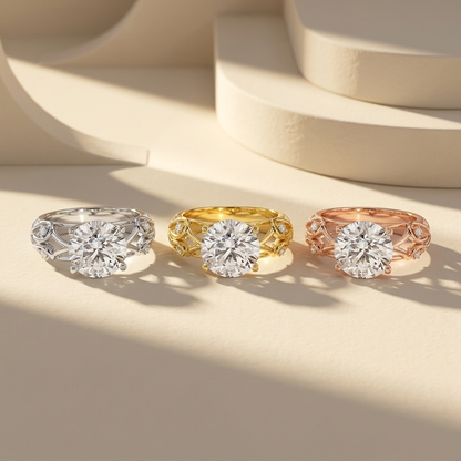 Vintage openwork solitaire rings in three gold tones.
Openwork diamond rings in white, yellow, and rose gold.
Vintage solitaire ring collection.
Triple gold openwork diamond rings.
Vintage engagement rings in three finishes.
Elegant openwork solitaire rings.
Luxury vintage diamond rings.
Round solitaire rings with openwork bands.
Openwork rings in three gold colors.
Classic vintage solitaire ring collection.