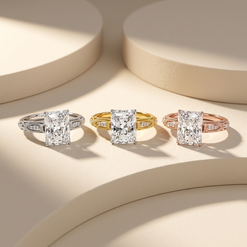 Vintage Radiant Diamond Ring Collection Display
Radiant Cut Diamond Ring Trio With Milgrain Band
Antique Style Radiant Diamond Ring Collection
Radiant Solitaire Ring With Vintage Gold Details
Decorative Radiant Diamond Engagement Ring Trio
Luxury Radiant Diamond Ring Collection Display
Fine Radiant Cut Diamond Rings With Pave Band
Classic Radiant Diamond Ring Trio In Gold Metals
Designer Radiant Engagement Ring Collection
Ornate Radiant Diamond Ring Trio With Milgrain Band