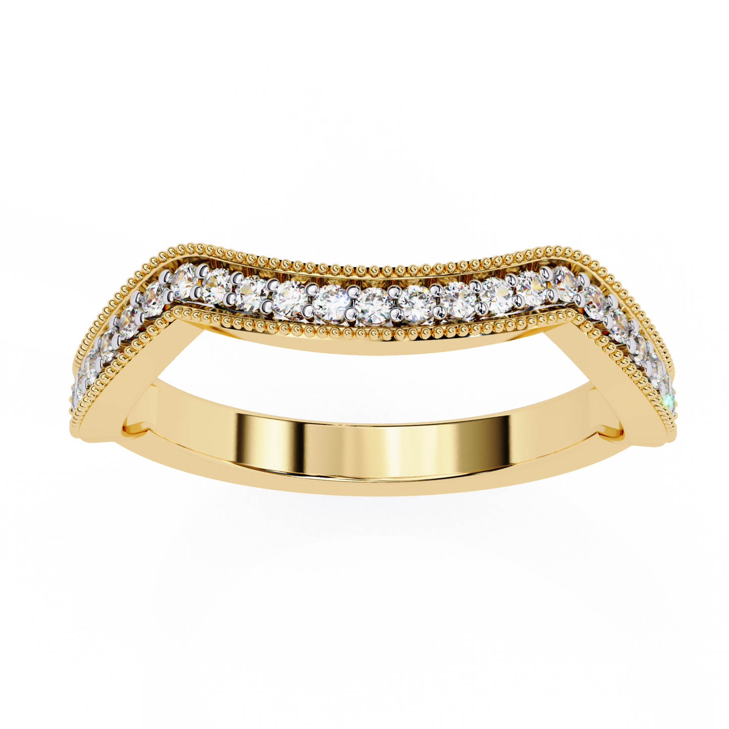 wavy shape diamond band in yellow gold front view setting in round diamond with prong setting