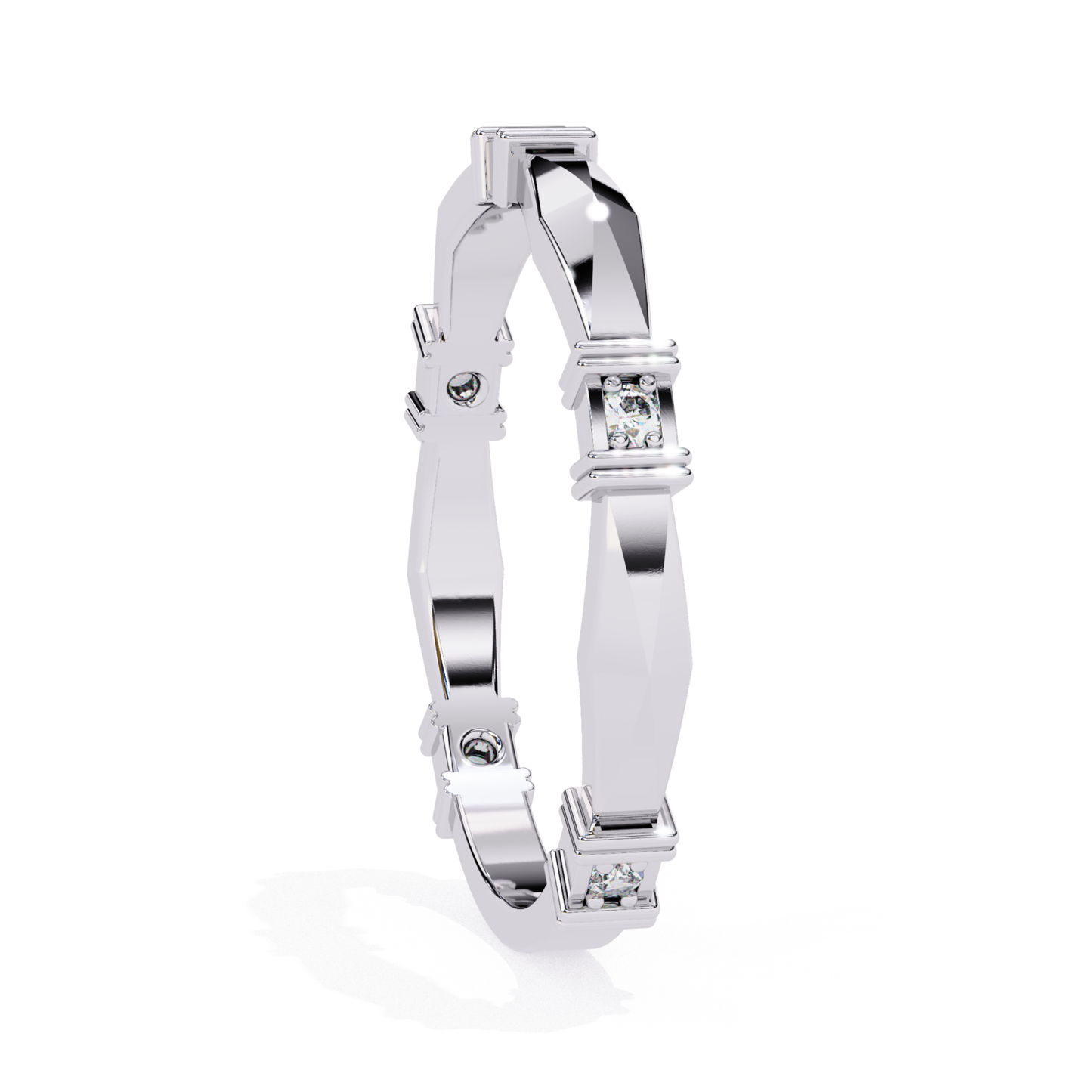 Modern white gold band featuring diamonds set in symmetrical, clean lines.