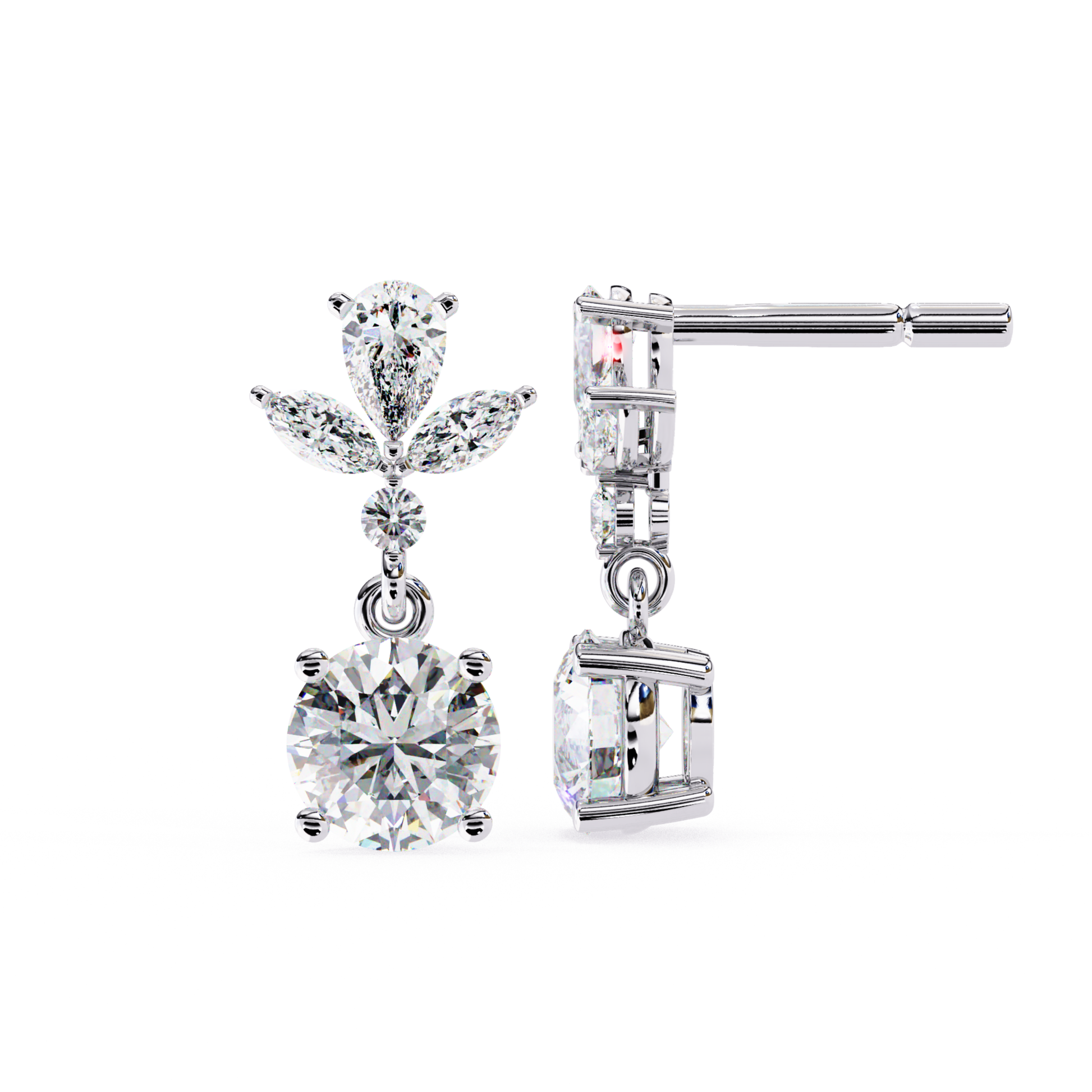  Timeless white gold drop earrings with a floral arrangement, featuring a radiant round diamond surrounded by intricate pear-shaped diamonds, creating a sophisticated and elegant look.
