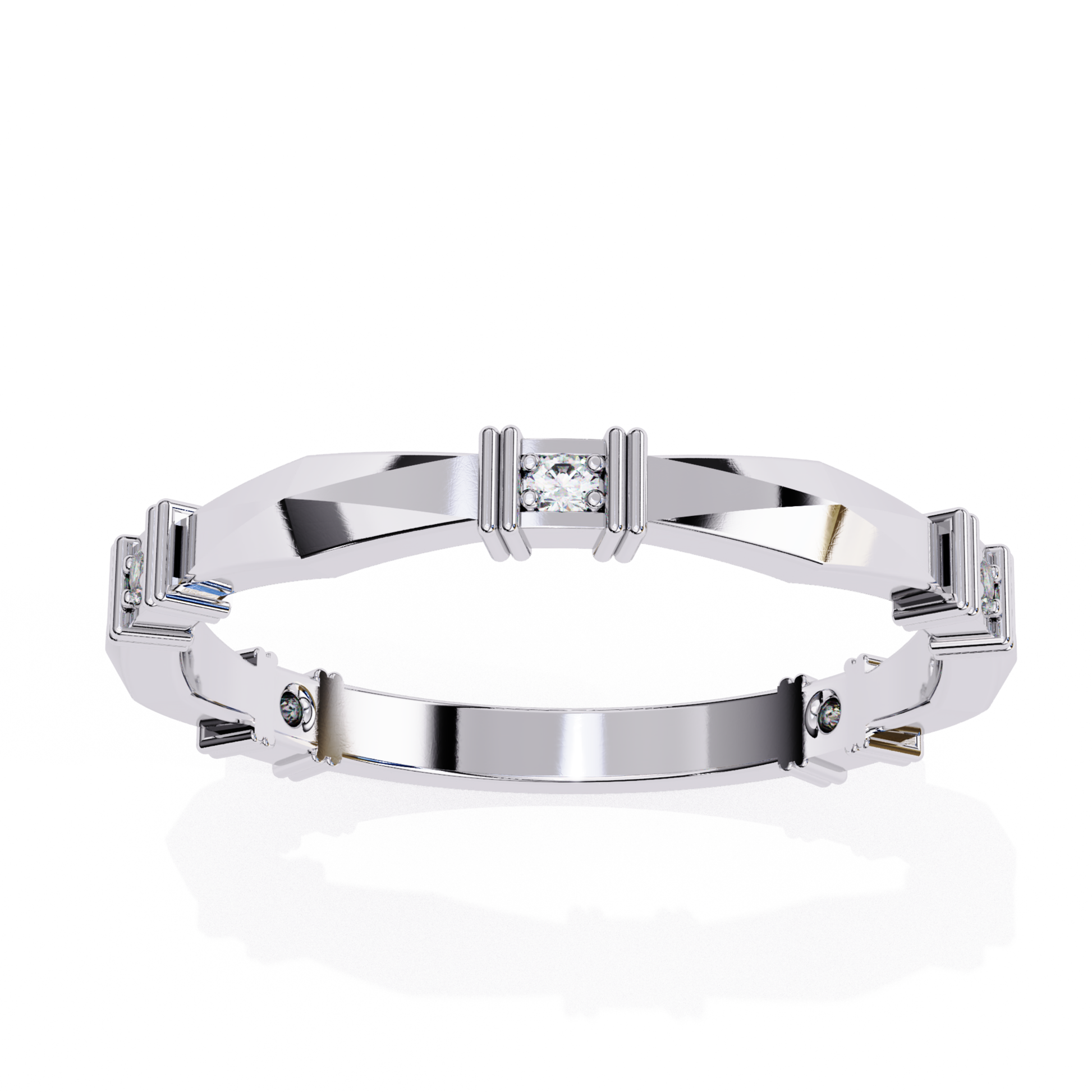 Polished white gold ring with round and baguette diamonds set in an angular pattern.
