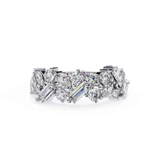 Diamond arrangement viewed from above, set in a white gold band.