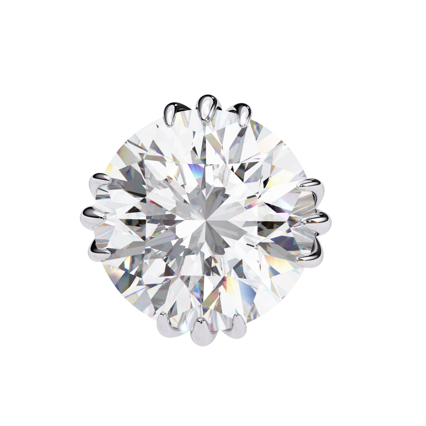 A close-up view of an exquisite white gold solitaire earring with a sparkling round-cut diamond, designed with a six-prong setting for a sleek and sophisticated look.