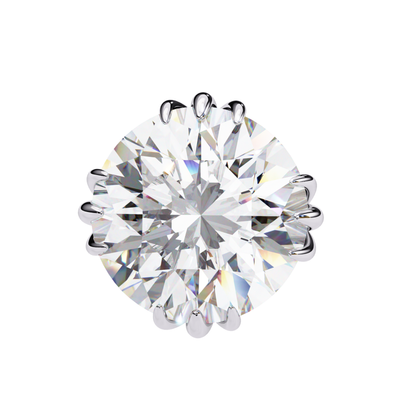 A close-up view of an exquisite white gold solitaire earring with a sparkling round-cut diamond, designed with a six-prong setting for a sleek and sophisticated look.