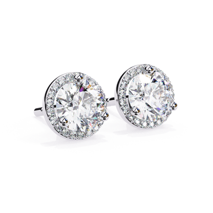 White gold stud earrings with round diamond halo frame