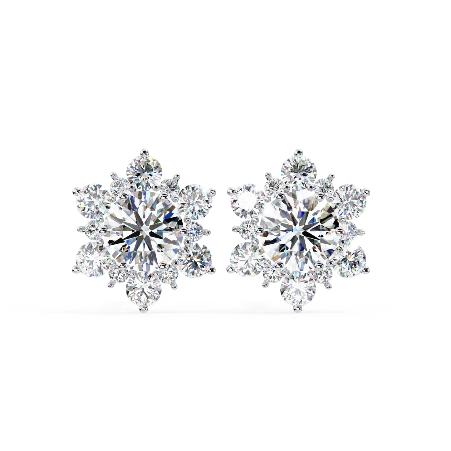 White gold round diamond stud earrings with outer diamond arrangement