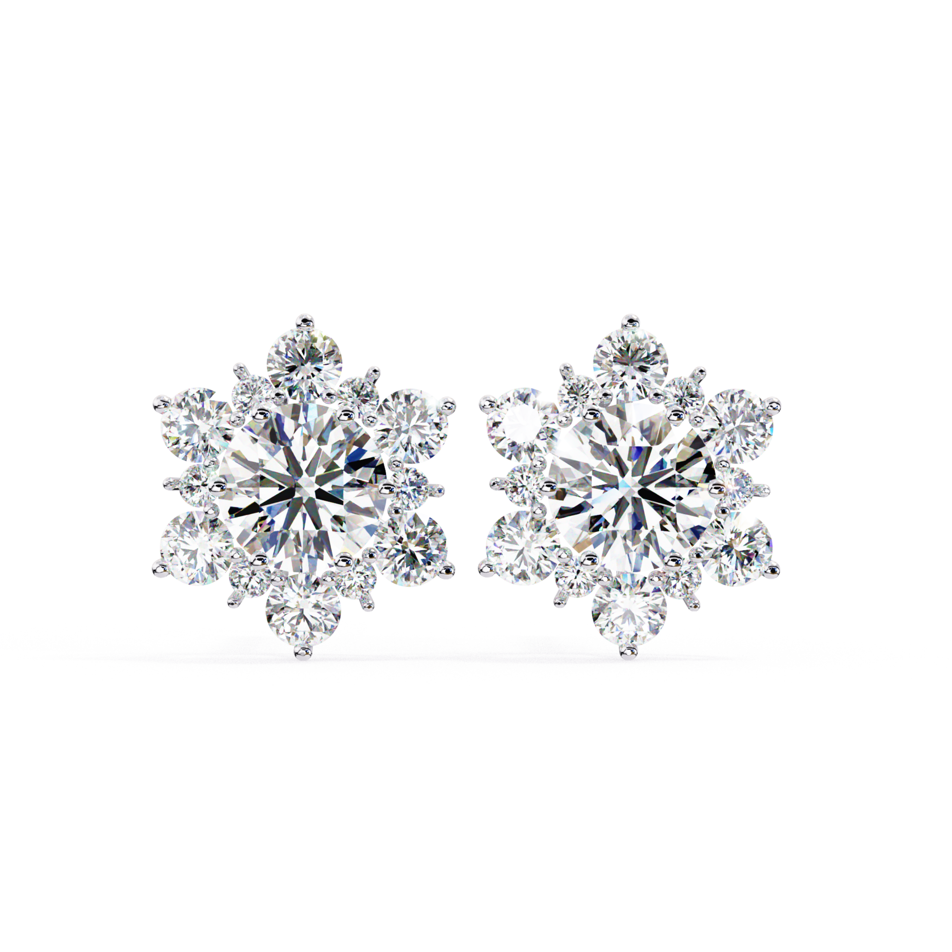 White gold round diamond stud earrings with outer diamond arrangement
