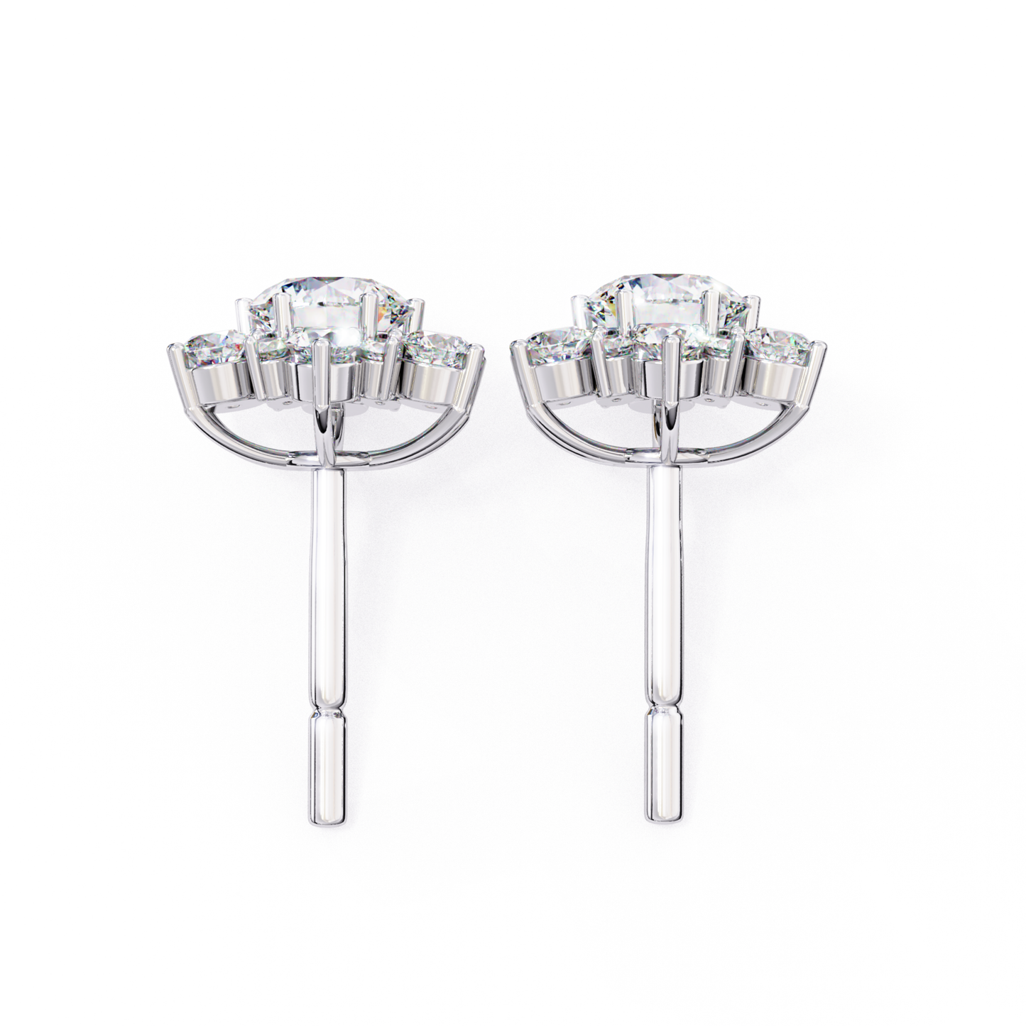 Rear view of white gold round diamond stud earrings showing post setting